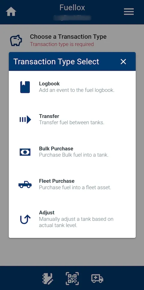 Fuellox mobile transaction type options